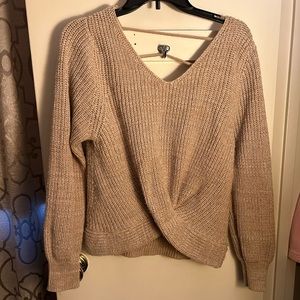 Francesca’s Cream/Tan Cozy Front Tie Open Back Sweater Medium